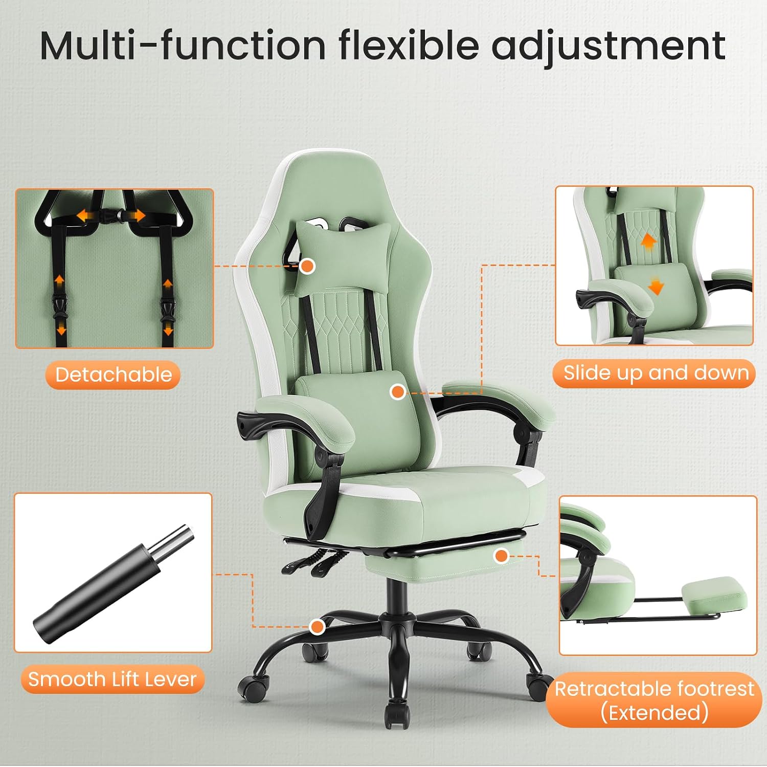 Sweetcrispy Gaming Chair, Ergonomic Computer Desk Chair, Lumbar Support | High Back Ergonomic Footrest, Height Adjustable Linkage Armrests Headrest, 360 Swivel Wheels Fabric, Green