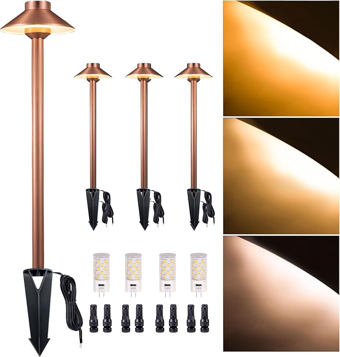 Outdoor Brass Pathway Lights, Warm & Neutral White Adjustable Low Voltage Landscape Path Lighting, 12v Walkway Light LED Waterproof, Copper for Outside Garden Yard with G4 Bulb (4 Pack)