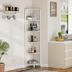 Furnulem 6 Tier Corner Shelf with LED Light, 67.5" White Narrow Bookshelf | Tall Standing Shelf Organizer, Storage Rack for Wall Corner, Living Room, Bedroom, Metal Frame, Wood Display Shelf