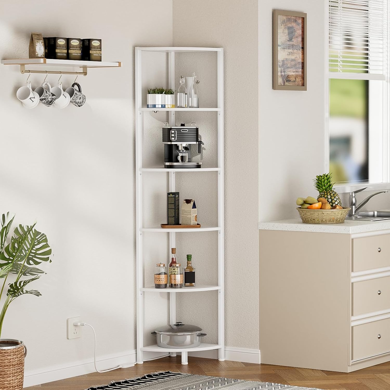 Furnulem 6 Tier Corner Shelf with LED Light, 67.5" White Narrow Bookshelf | Tall Standing Shelf Organizer, Storage Rack for Wall Corner, Living Room, Bedroom, Metal Frame, Wood Display Shelf