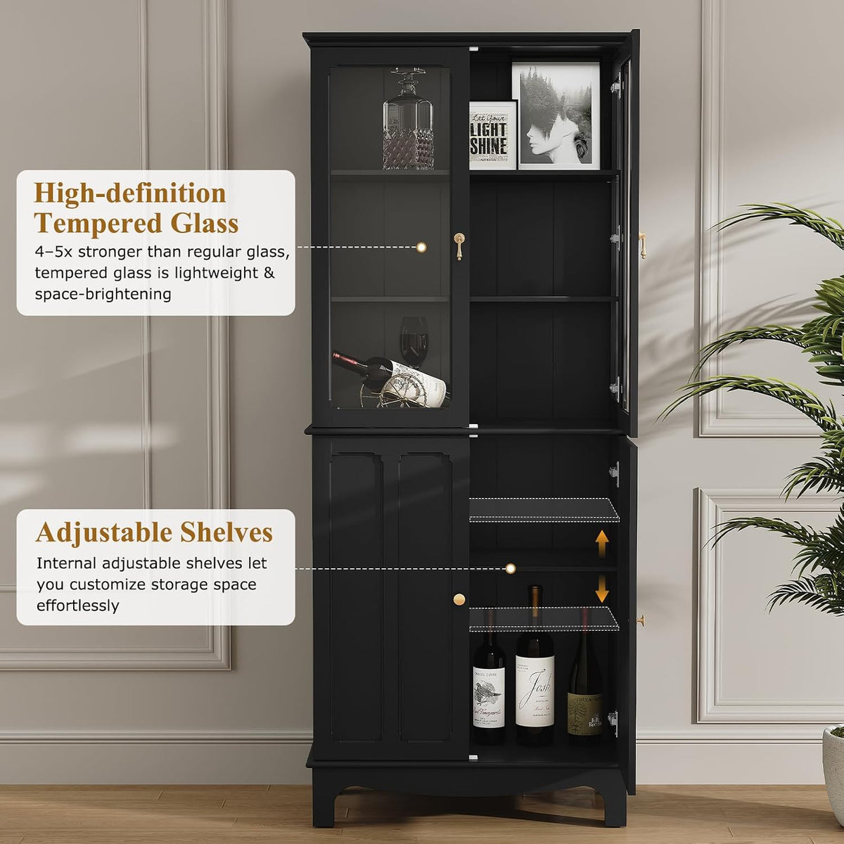 ARTPOWER 72" Freestanding Kitchen Pantry Storage Sideboard, Classical Tall Cabinet with Glass Door and Adjustable Shelves for Kitchen, Livingroom and Dining Room, Black
