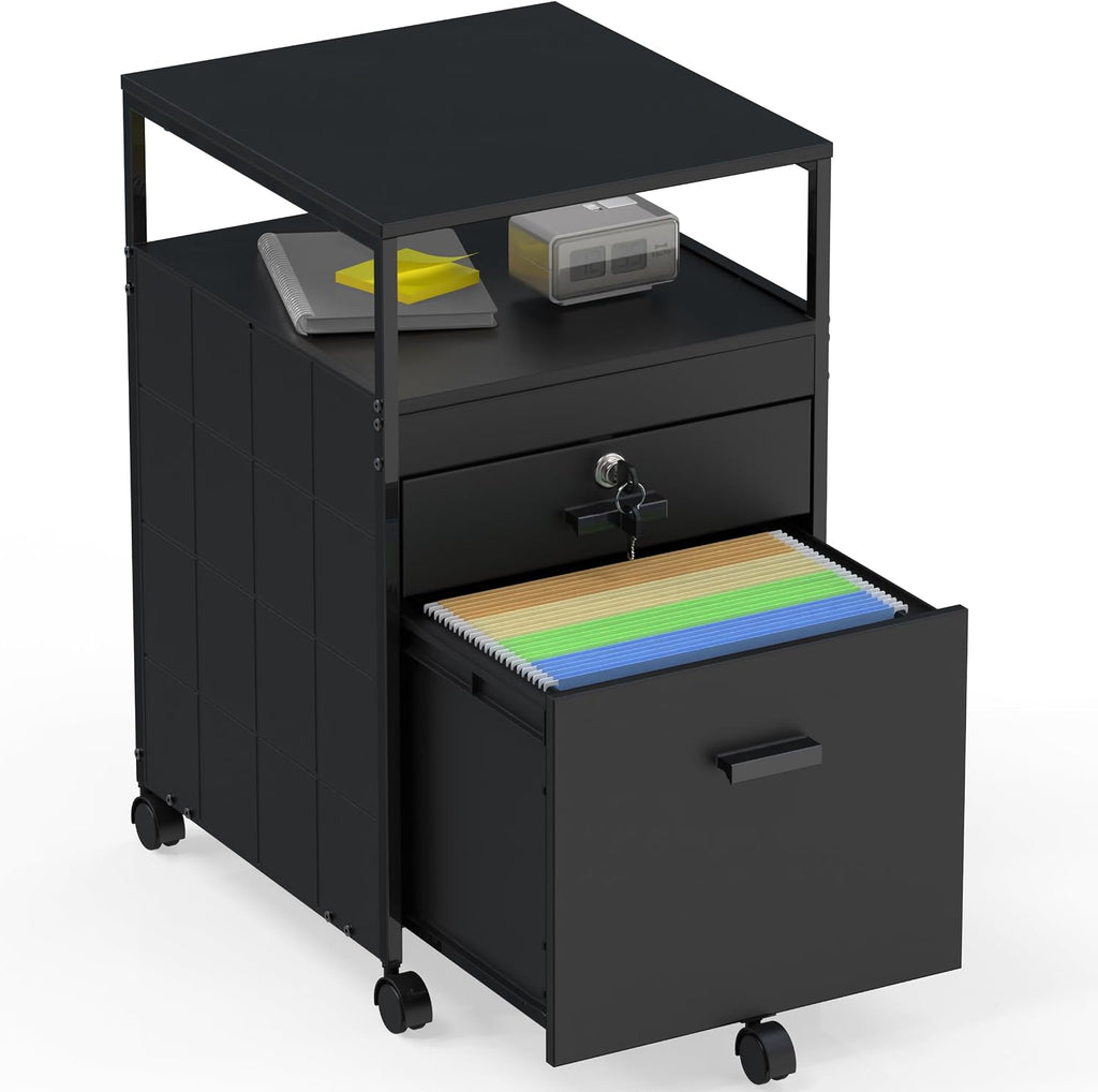 SHW Box File Rolling Mobile Cabinet with Lockable Drawer, Black | Open Shelf for easy access