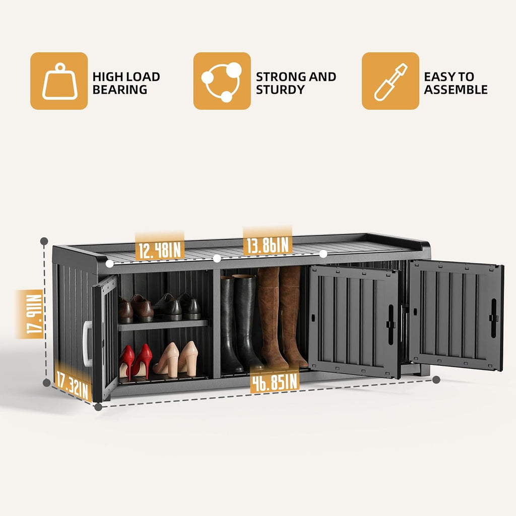 EFU Shoe Bench with Storage, Shoe Cabinet Indoor Outdoor with Adjustable Shelves, Waterproof Shoe Organizer with 3 Doors for Entryway, Bedroom, Living Room (Black)