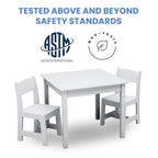 Delta Children MySize Toddler Bed, Bianca White + MySize Kids Wood Table and 2 Chair Set + MySize Deluxe Toy Box (Bundle)