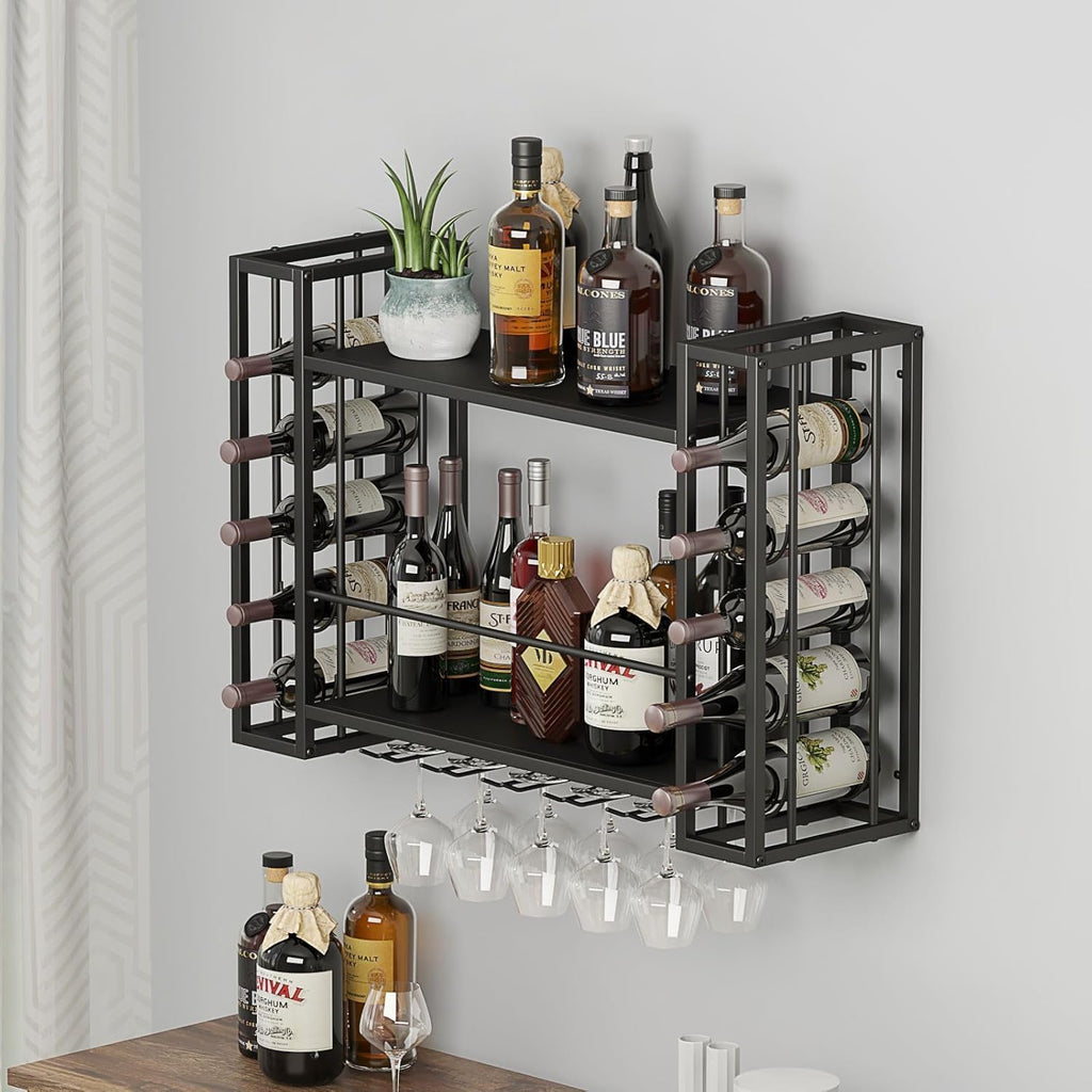 Wall Mounted Wine Rack with Glass Holder, 40" W x 9.8" D x 21.6" H | Hanging Floating Bar Liquor Shelves, Metal Bottle Holder Wine Storage Display Shelf for Home Bar Dining Room Kitchen