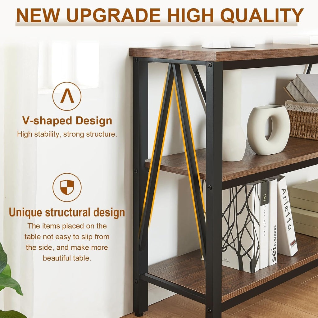Entryway Console Table, 3 Tier Entry Table with Open Shelves, Brown, 47 IN | Rustic Sofa Table with Wide Storage, Horizontal Book Shelf, Industrial 3 Tier Bookshelf for Living Room, Hallway