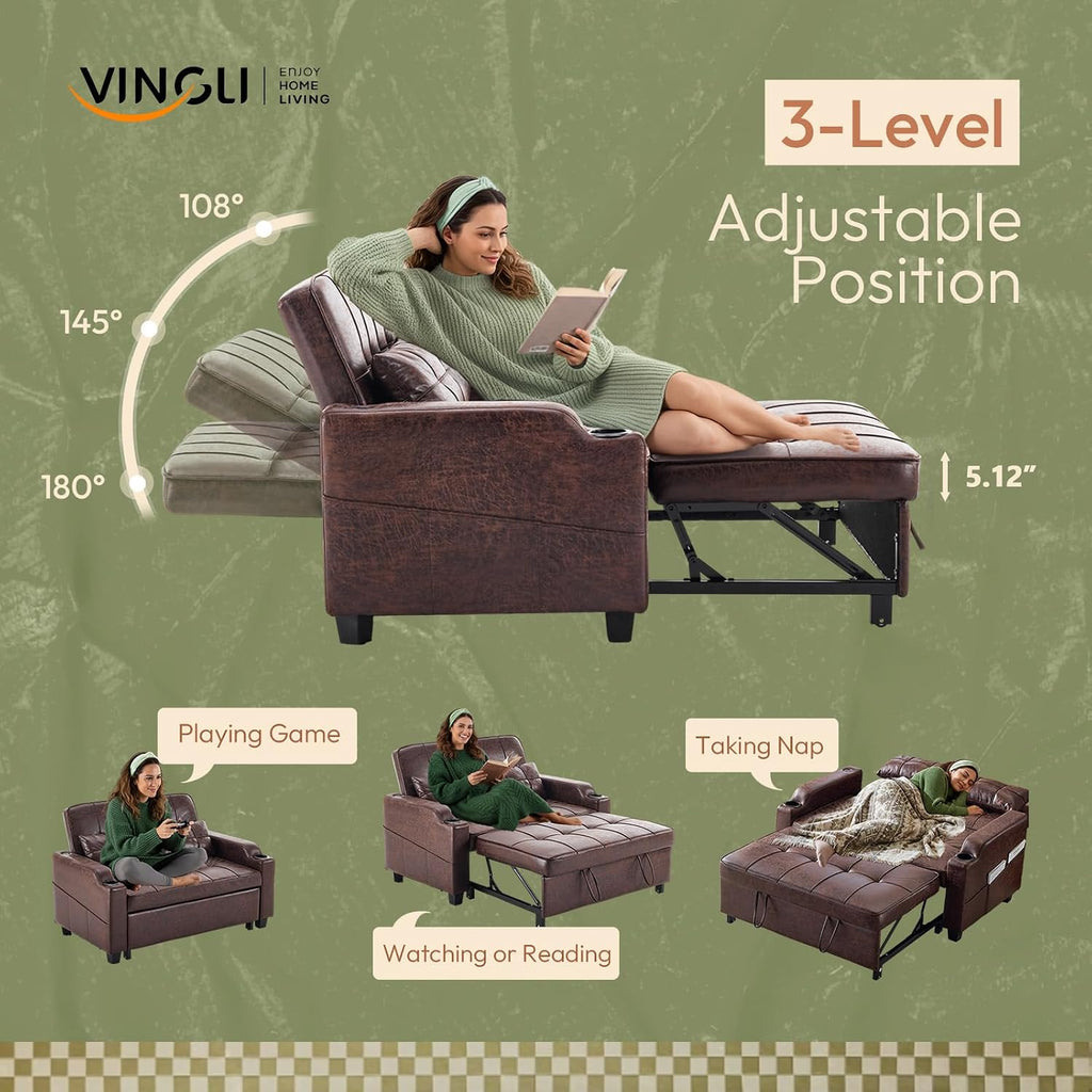VINGLI Rustic Futon Sofa Bed Convertible Loveseat Sleeper Sofa Couch, Pullout Sofa Fold Out Couch Bed with USB Ports, Cup Holders, Armrest for Living Room, Bedroom Apartment Room