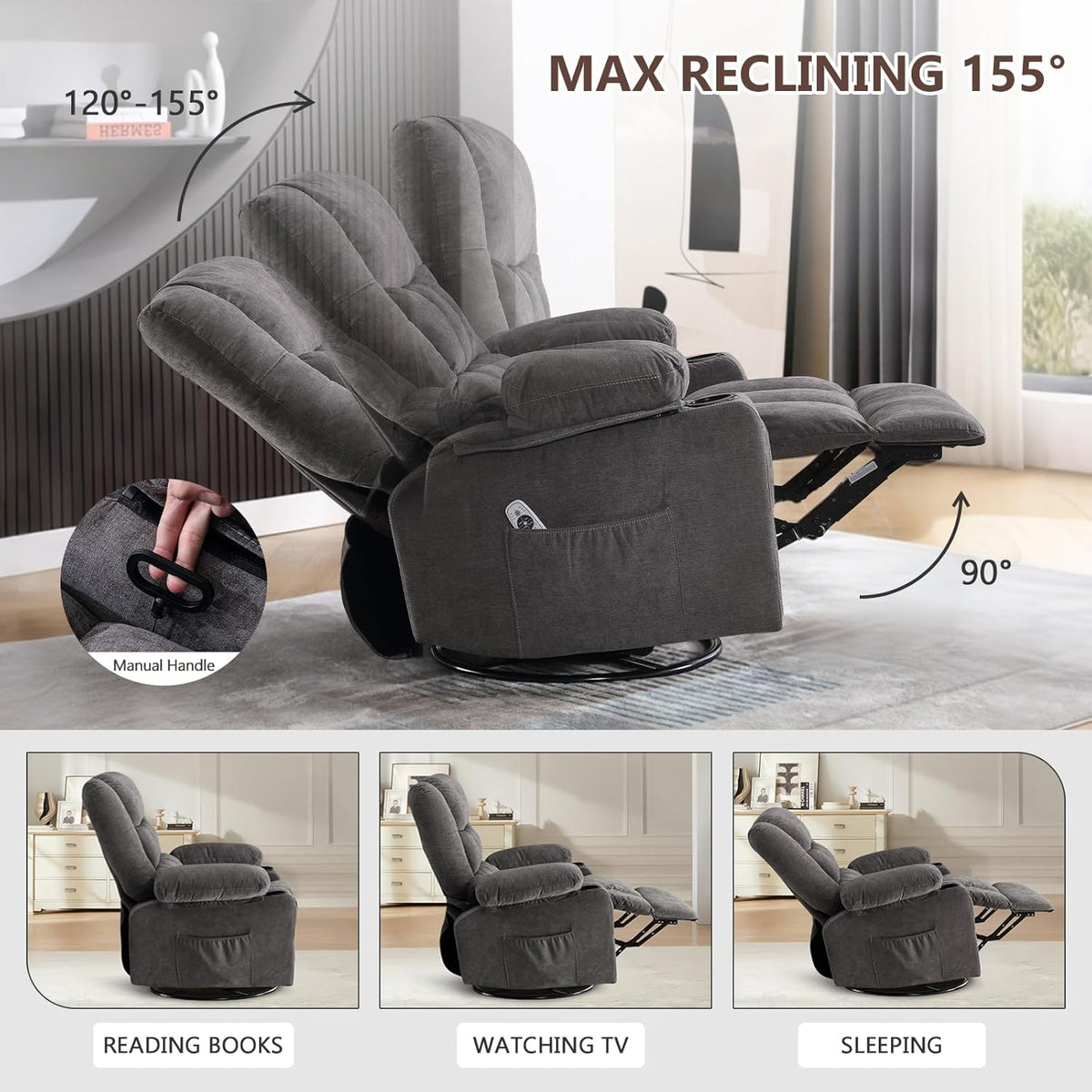 Swivel Rocker Recliner Chair with Vibration Massage and Heat Ergonomic Lounge Chair for Living Room with Rocking Function and Side Pocket, 2 Cup Holders, USB Charge Port