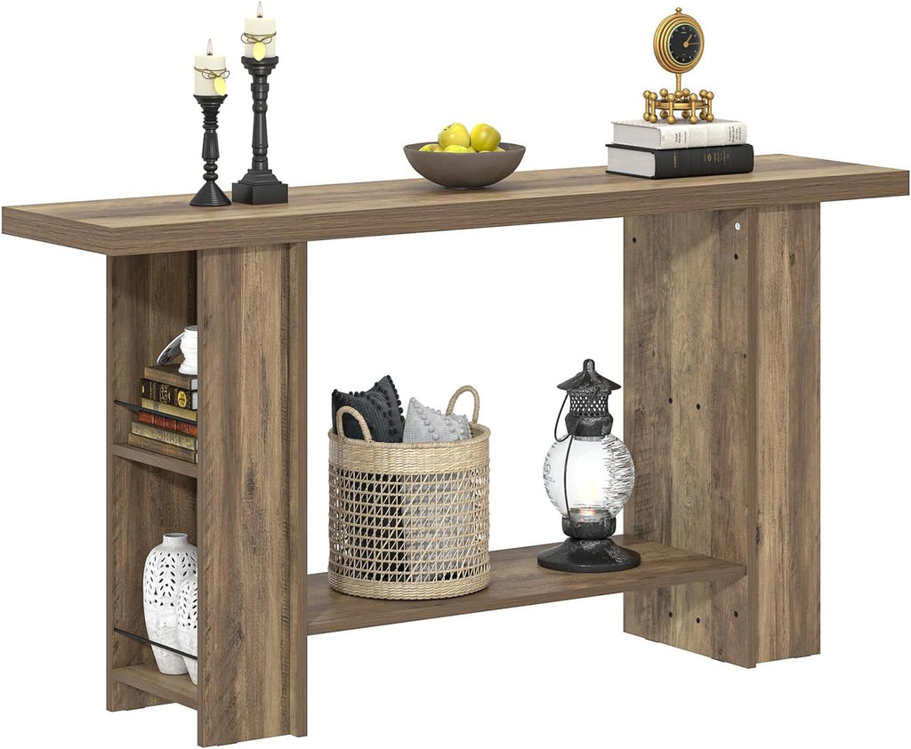 FOLUBAN 53 Inch Long Entryway Table, 2-Tier Wood Console Table with Storage Side Shelves, Farmhouse Sofa Table for Living Room, Narrow Hallway Foyer Table Behind Couch for Home Decor, Rustic Oak