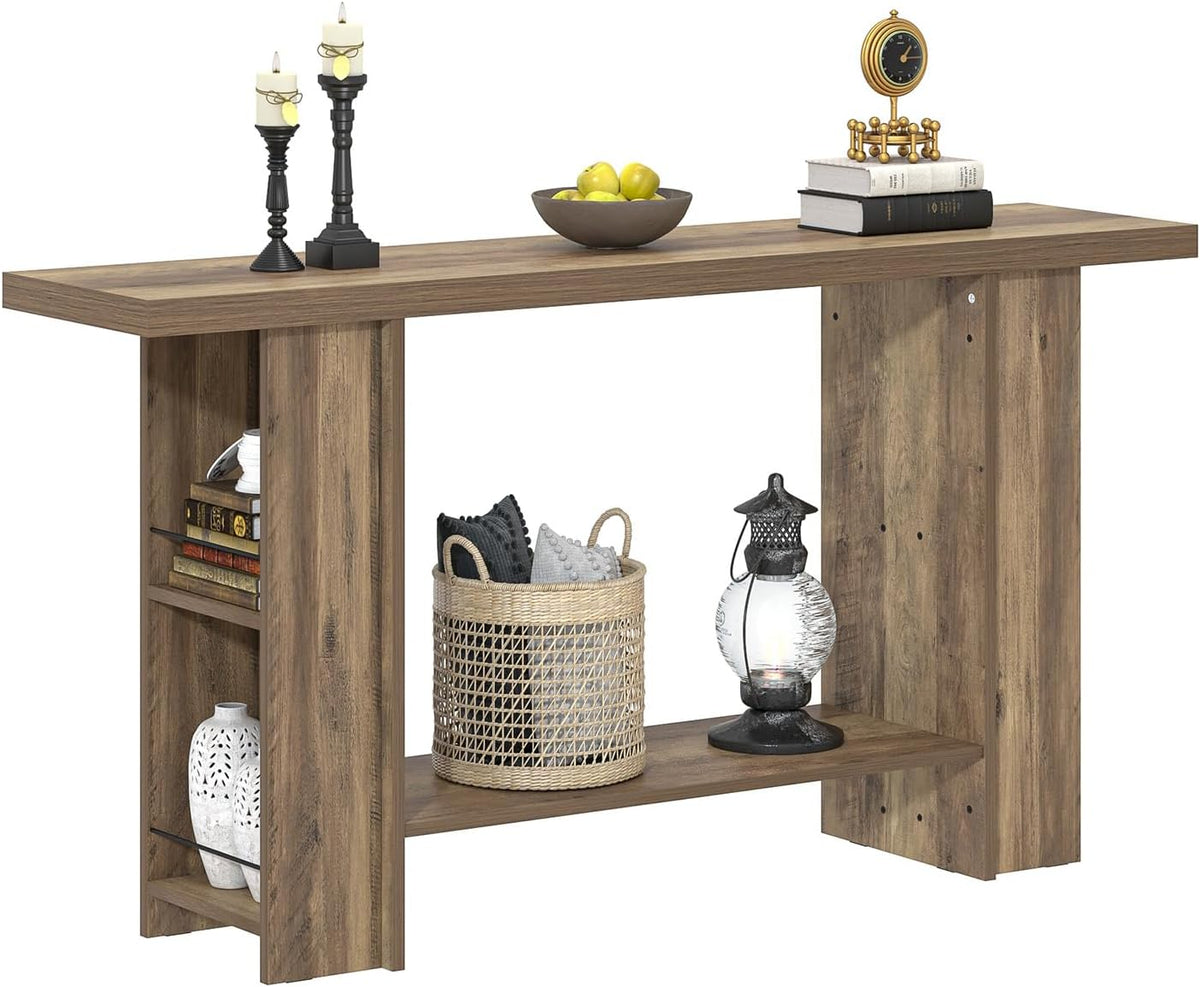 FOLUBAN 53 Inch Long Entryway Table, 2-Tier Wood Console Table with Storage Side Shelves, Farmhouse Sofa Table for Living Room, Narrow Hallway Foyer Table Behind Couch for Home Decor, Rustic Oak