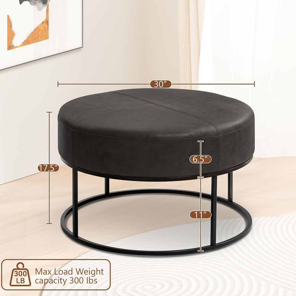 Modern Round Coffee Table, Farmhouse Ottoman for Living Room, Large Vintage Faux Leather Coffee Tables with Leather Upholstered Padded Seat [Round, Vintage Black, 30'']