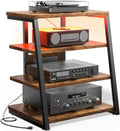 Besiost AV Media Stand with Outlets, Media Console with LED Lights, Stereo Racks and Stands with Storage Shelves, Media Audio Tower Cabinet, Rustic Brown