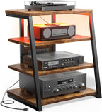 Besiost AV Media Stand with Outlets, Media Console with LED Lights, Stereo Racks and Stands with Storage Shelves, Media Audio Tower Cabinet, Rustic Brown