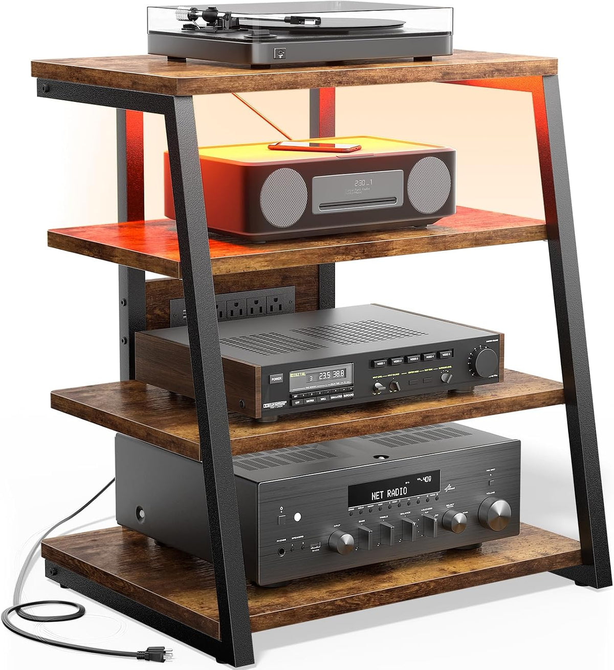 Besiost AV Media Stand with Outlets, Media Console with LED Lights, Stereo Racks and Stands with Storage Shelves, Media Audio Tower Cabinet, Rustic Brown