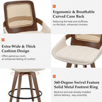 Mid Century Modern Counter Stools, Rattan Swivel Counter Stools with Back | Natural Bentwood Frame, Rattan Back, Walnut Finish, Faux Leather Upholstered Seat, Counter Chairs for Island, Kitchen, Cafe