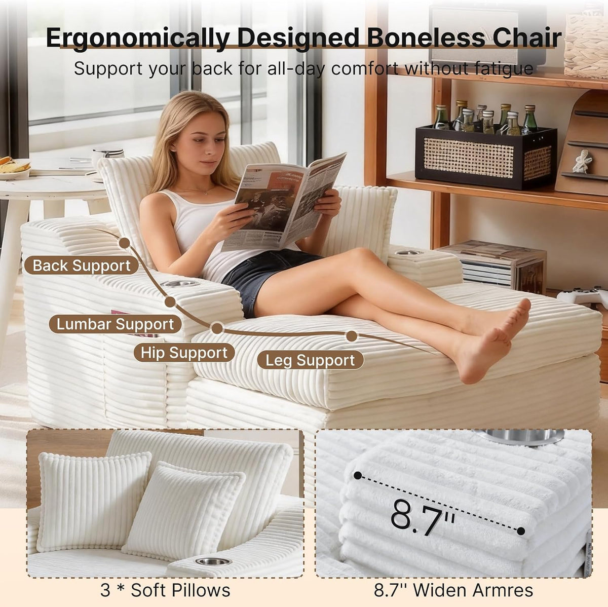 Oversized Chaise Lounge Chair Indoor, Upholstered Sleeper Sofa Bed | Couch with Cup Holders & 2 Pillows, Deep Seat Corduroy Cloud Sofa for Living Room, No Assembly Reading Chair, White