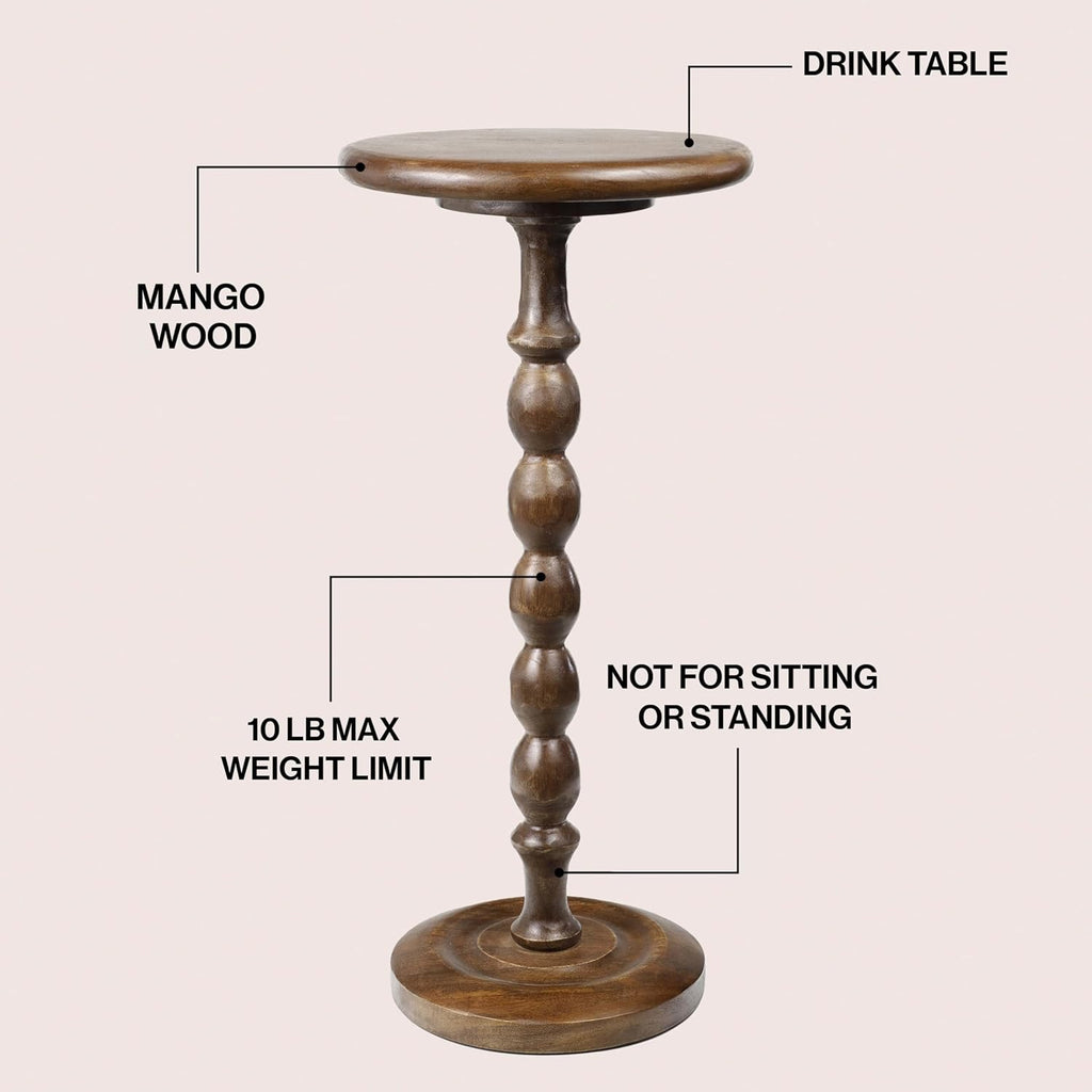 JONATHAN Y Augustus Solid Mango Wood Drink Table, 24.5" Tall Small Round Side Table with Spool Pedestal Base for Living Room and Small Spaces, Rustic Farmhouse Martini Accent, Dark Brown END3007B