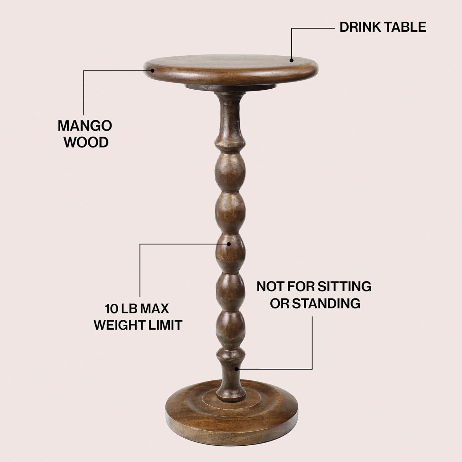 JONATHAN Y Augustus Solid Mango Wood Drink Table, 24.5" Tall Small Round Side Table with Spool Pedestal Base for Living Room and Small Spaces, Rustic Farmhouse Martini Accent, Dark Brown END3007B