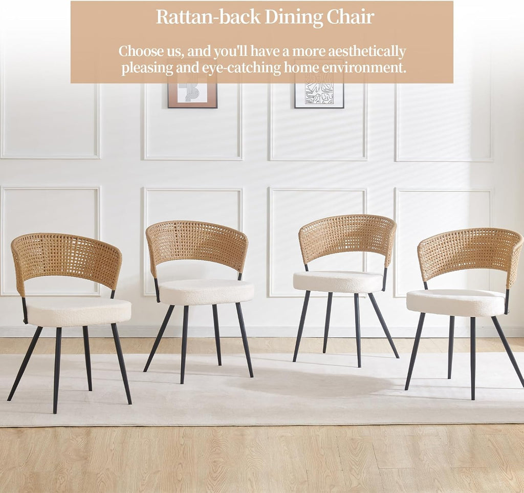 Rattan Dining Chairs Set of 4, Wing Back Dining Chairs Set of 4, PE Wicker Chairs, Cane Back Kitchen Chair with Boucle Cushion,Boucle Seat with Metal Legs for Kitchen, Bedroom