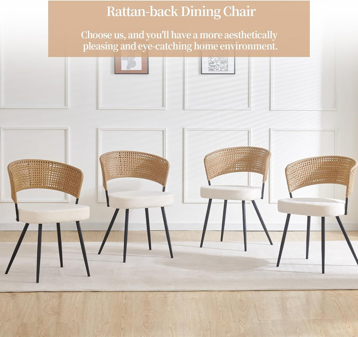 Rattan Dining Chairs Set of 4, Wing Back Dining Chairs Set of 4, PE Wicker Chairs, Cane Back Kitchen Chair with Boucle Cushion,Boucle Seat with Metal Legs for Kitchen, Bedroom