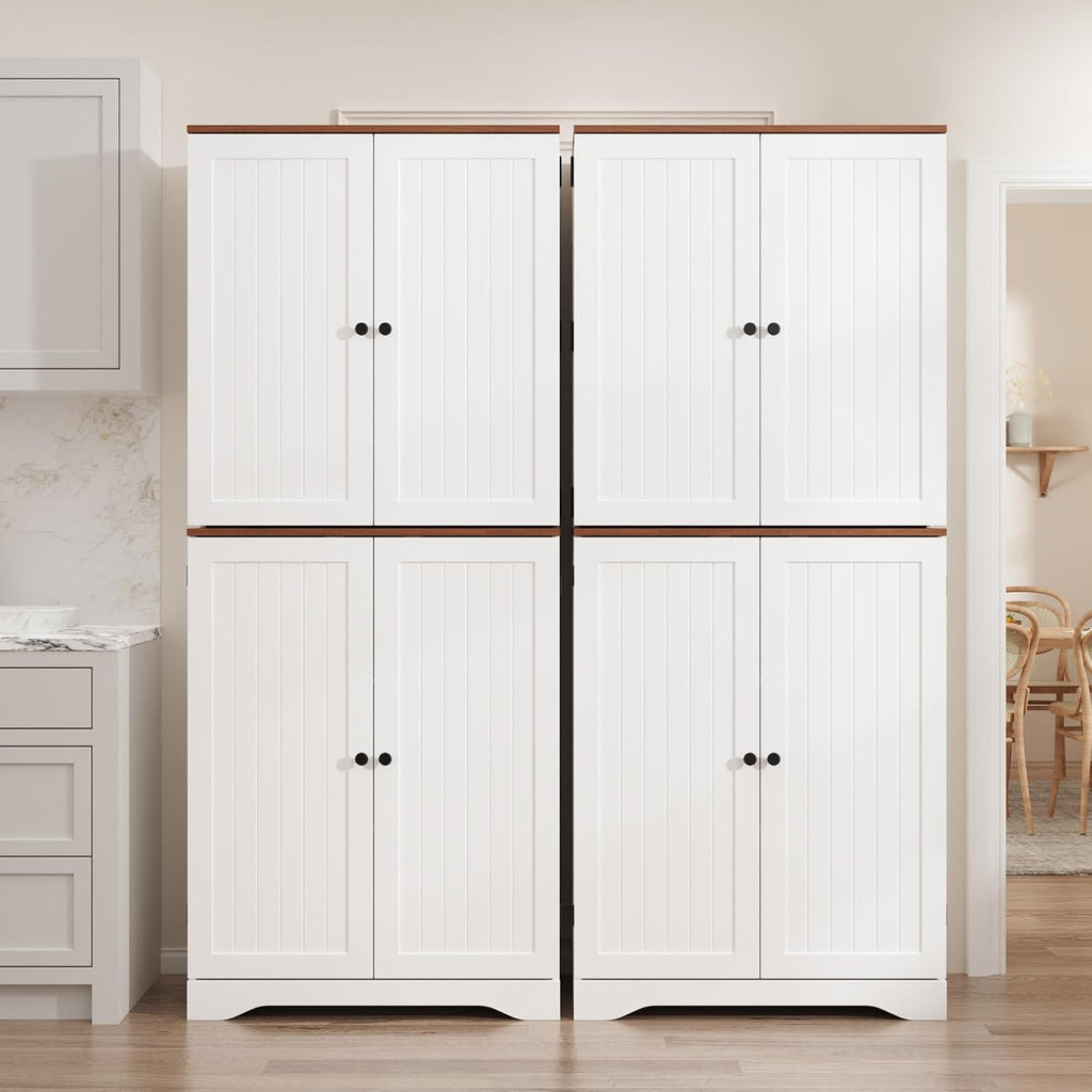 Furnify 72" Tall Kitchen Pantry Cabinet with Door Organizer, White | Farmhouse Rustic Tall Buffet Cabinet with Adjustable Shelves, Freestanding Storage Cupboard for Kitchen Dining Room Bathroom