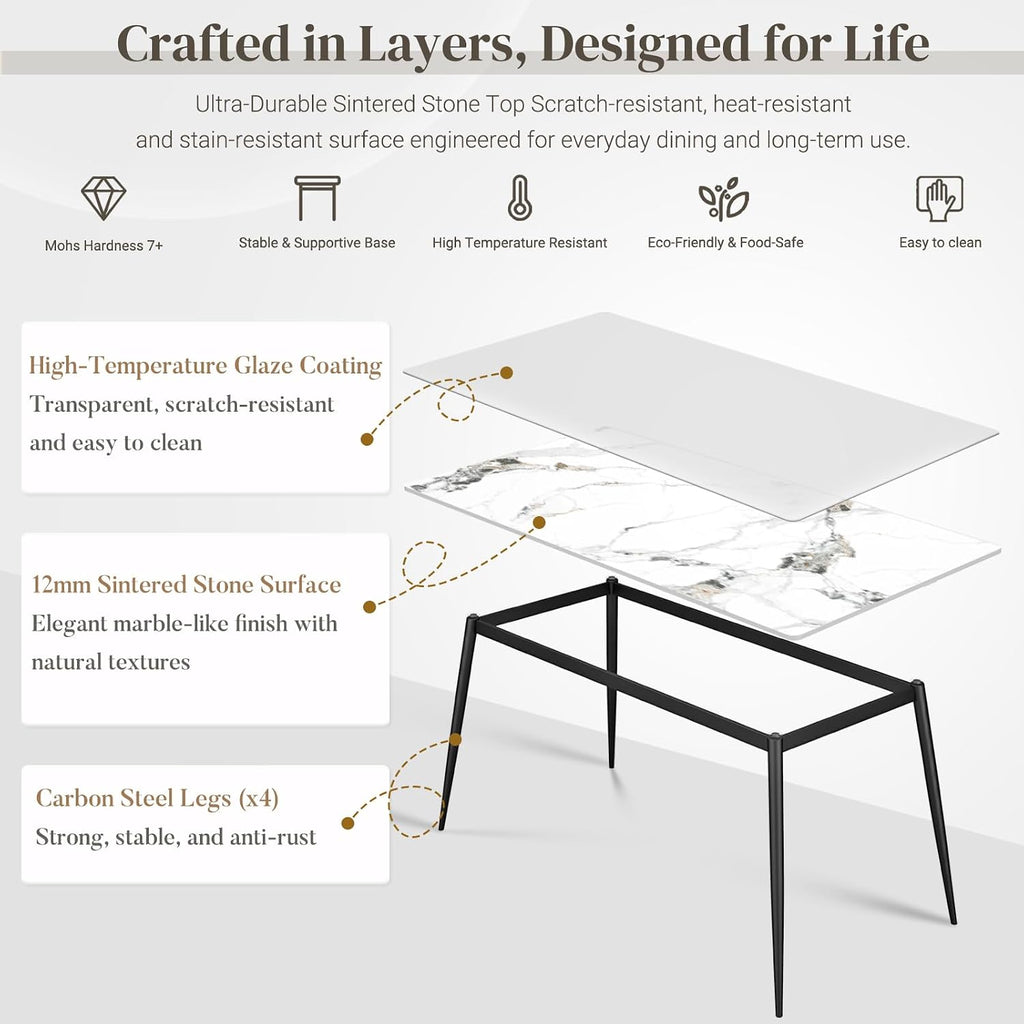 63" Sintered Stone Dining Table, Modern Rectangular Kitchen Table with Carbon Steel Legs for 4-6 Seat, Scratch Heat and Stain Resistant for Dining Room/Restaurant (White w/Black Gold Vein)