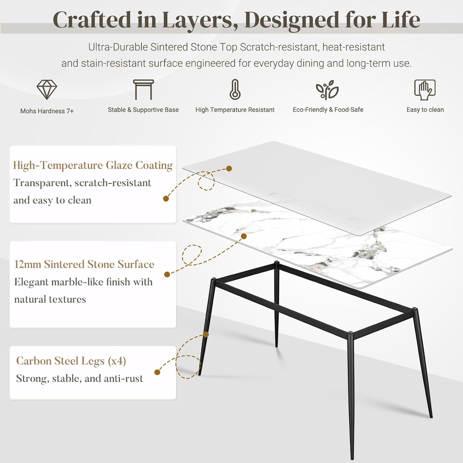63" Sintered Stone Dining Table, Modern Rectangular Kitchen Table with Carbon Steel Legs for 4-6 Seat, Scratch Heat and Stain Resistant for Dining Room/Restaurant (White w/Black Gold Vein)