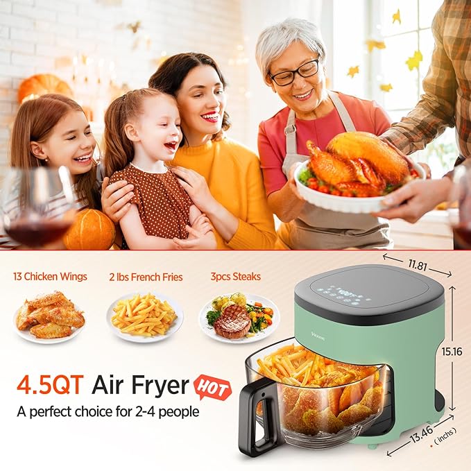 6-IN-1 Glass Air Fryer,4.5QT Air Fryer with Viewing Glass Pot, Air Fry, Dehydrate, Air Crisp Technology,Nonstick & Dishwasher Safe Basket,97% Less Oil,Features Digital Timer (Green)