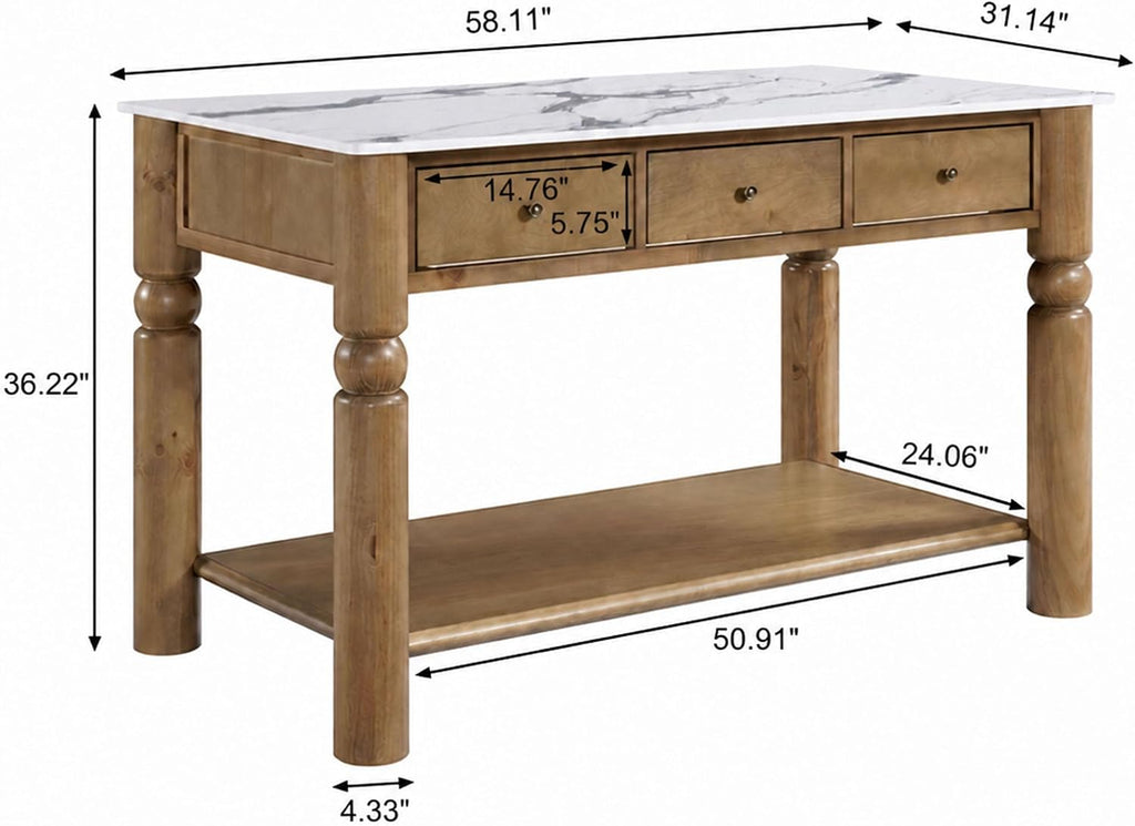 Christopher Knight Home Athen Wooden Kitchen Island with Storage & Marble-Look Tabletop, Island Table for Kitchen, Turned Ball Legs, Storage Cabinet with Drawers + Open Shelf, Walnut + White