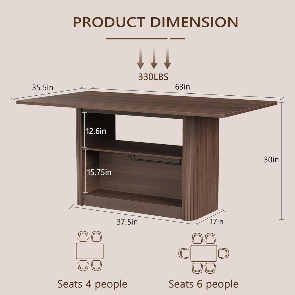 FUQARHY 63" Dining Table with Storage, Fluted Rectangular Kitchen Table for 6 with 2-Tier Storage Shelf, Farmhouse Wood Table (Walnut)