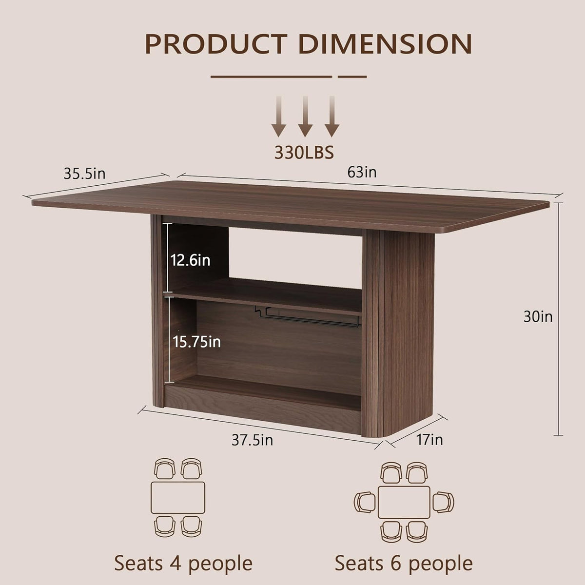 FUQARHY 63" Dining Table with Storage, Fluted Rectangular Kitchen Table for 6 with 2-Tier Storage Shelf, Farmhouse Wood Table (Walnut)