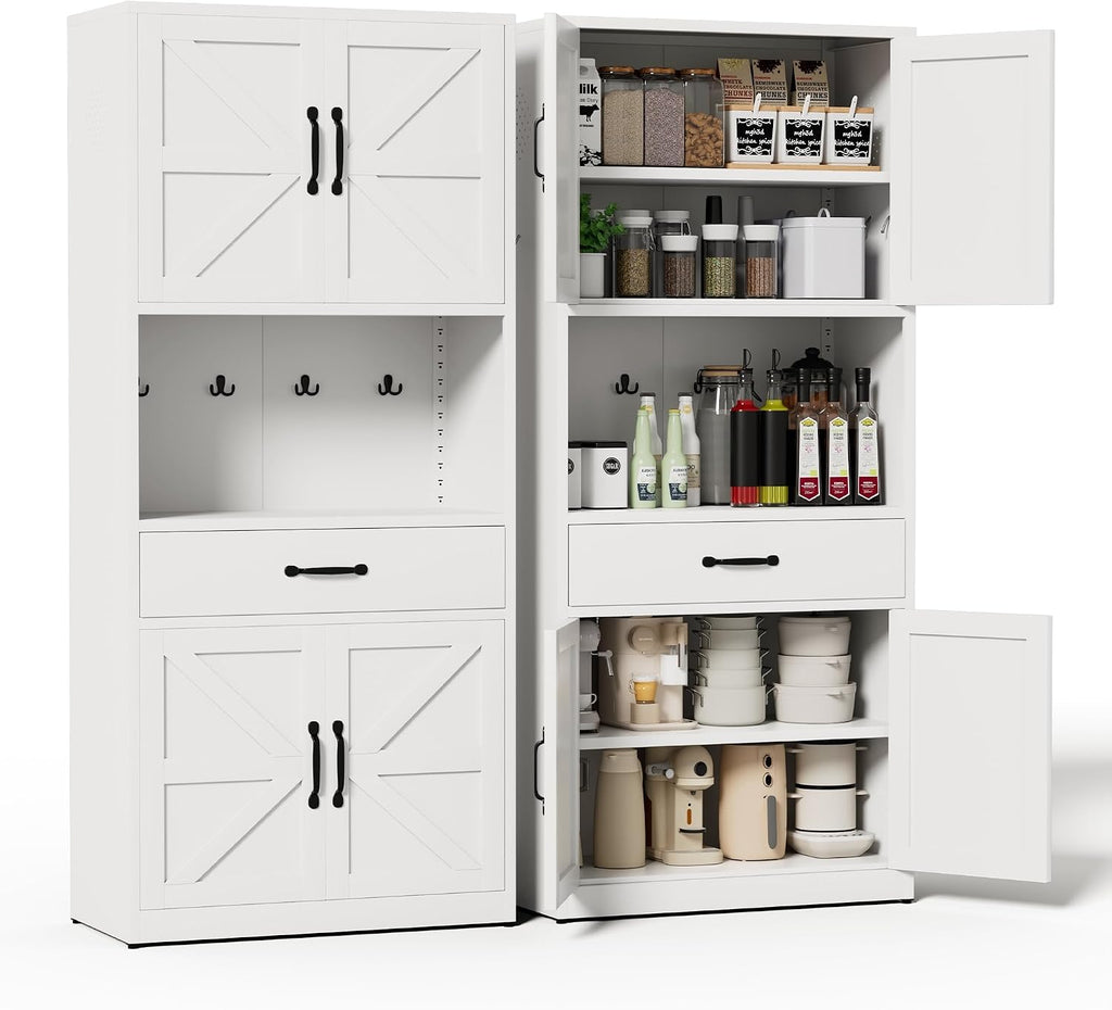 72" H White Steel Kitchen Pantry Storage Cabinet with Countertop | Metal Farmhouse Cabinets for Living Room, Bathroom, Heavy Duty Rustic Pantry