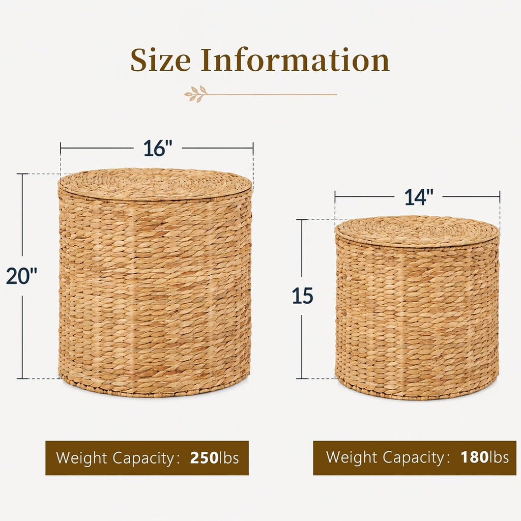 Round Water Hyacinth Storage Ottoman with Lid | Handwoven Water Hyacinth Footstool, Footrest and Side Table for Living Room office (Natural-M)