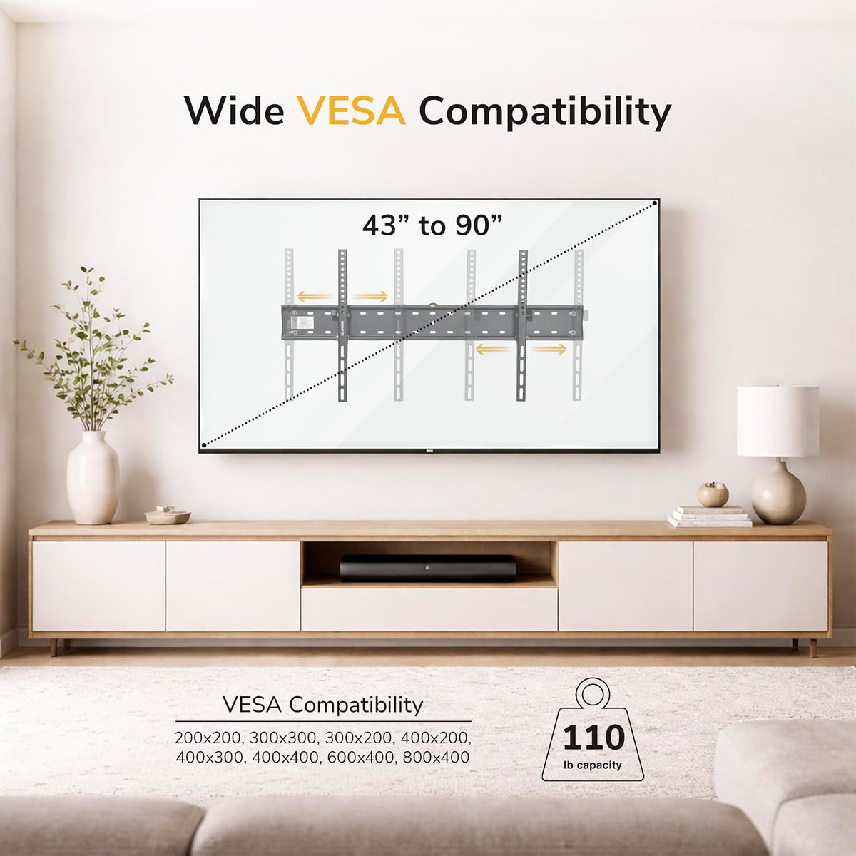 Mount-It! UL Certified Tilting TV Wall Mount for Most 43-90 Inch Flat Screen TVs, Heavy Duty Wall Mount TV Bracket Max VESA 800x400, Holds up to 110 lb, Tilting Display Bracket Fits 70, 80, 90 inch