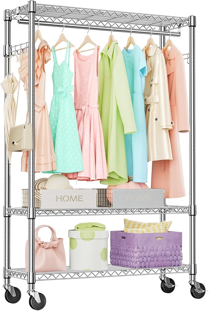 IZEUK Heavy Duty Garment Rack on Wheels, Rolling Freestanding Closet Organizer and Clothes Rack for Hanging Clothes with 1 Hang Rod, Adjustable Metal Wardrobe, 15.7" D x 45.3" W x 75.6" H, Chrome