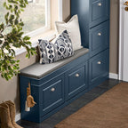 Haotian Shoe Storage Bench Entryway, Shoe Cabinet Bench with 2 Flip Drawers & Cushion, Modern Design Shoe Organizer for Hallway, Navy Blue FSR64-B