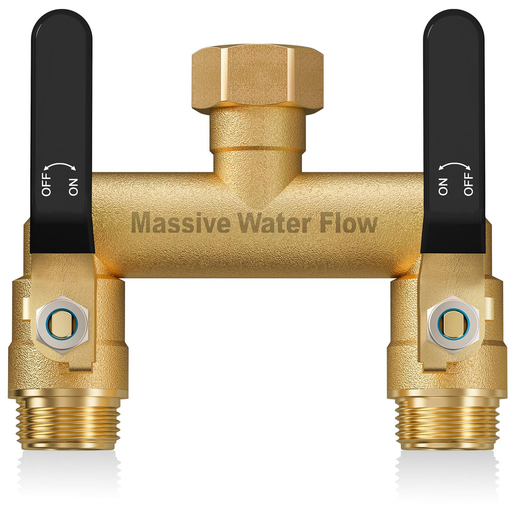 Hose Splitter 2 Way Heavy Duty, Full Flow Garden Hose Splitter with 2 Long Metal Handles, Brass Rust and Freeze Resistant Water Hose Bib Splitter, T Adapter Connector with 3/4 - Inch GHT Thread（Black）