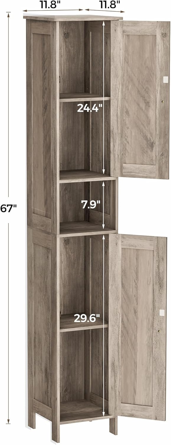 Homleke Tall Bathroom Storage Cabinet with 2 Doors, 67"H Narrow Storage Cabinet with Adjustable Shelves& Anti-Tip Design, Reversible Door Installation, Easy Assembly, 11.8 x 11.8 x 66.9 Inches, Greige