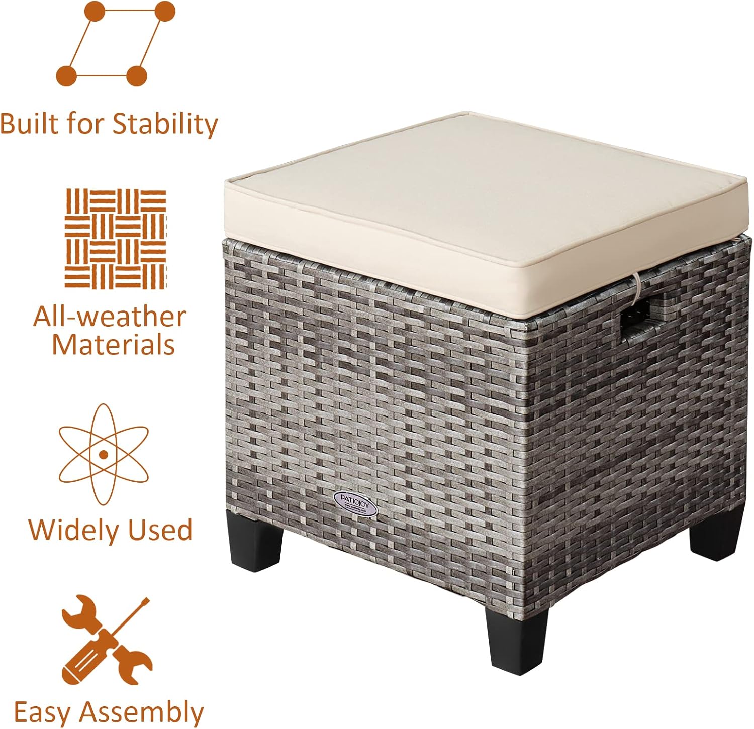 LDAILY Moccha 2 Pieces Patio Outdoor Ottoman, All Weather Rattan Patio Ottoman Set w/Removable Cushions, Footrest Seat Outdoor Footstool (Mix Grey + White)