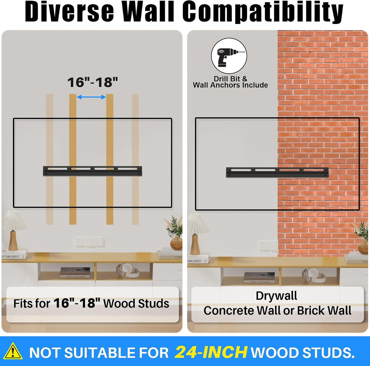 KAMIWI 1.2" Ultra Slim Fixed TV Wall Mount for 12-55 Inch TVs up to 100lbs | Low-Profile Flush TV Mount, Universal TV Wall Bracket, Fits 16"/24" Wood Stud, Max VESA 400 x 400 mm, Easy Installation