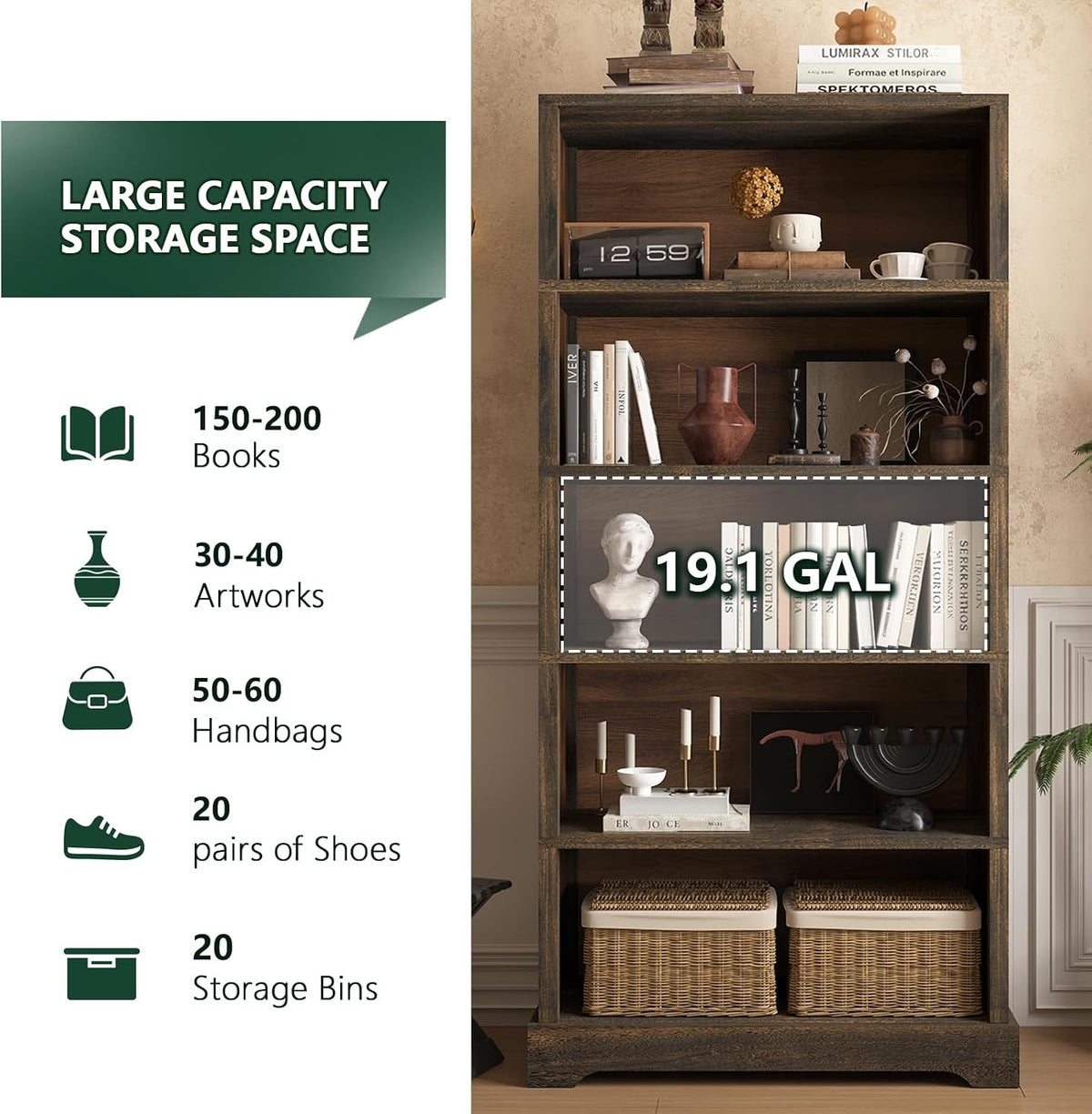 TVU 5 Tiers Wooden Bookshelf, 65.2" Tall Farmhouse Style Open Bookcase, 31.5" Wide Standing Book Shelf with Storage for Study Room, Living Room, Walnut Brown