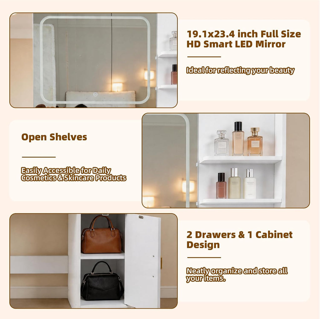 35.4" W Vanity Desk with Power Outlet Mirror and LED Lights Heavy Duty Makeup Vanitys Table with 2 Drawers & 3 Open Shelves & 1 Cabinet Storage for Bedroom Dressing, White