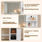 35.4" W Vanity Desk with Power Outlet Mirror and LED Lights Heavy Duty Makeup Vanitys Table with 2 Drawers & 3 Open Shelves & 1 Cabinet Storage for Bedroom Dressing, White