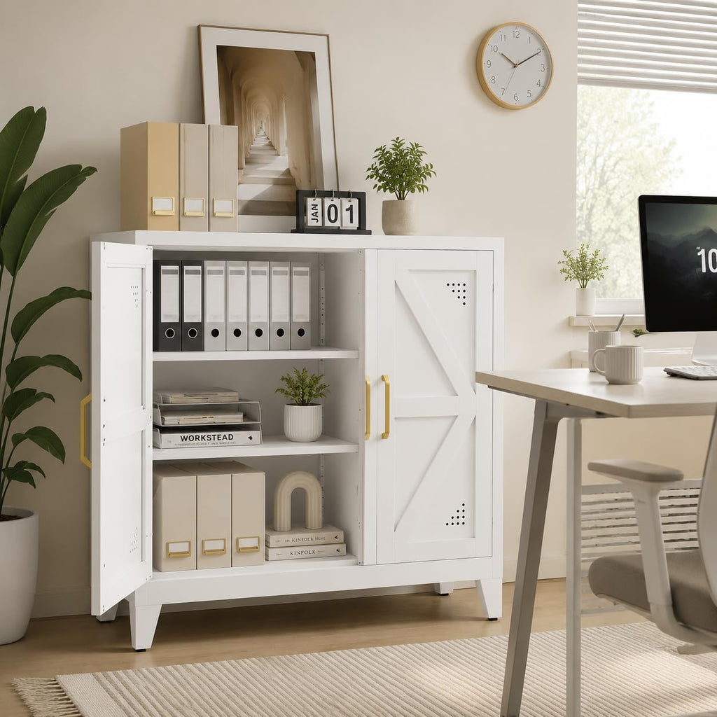 Short Storage Cabinet with 2 Doors and Adjustable Shelves, Metal Pantry Cabinets, Coffee Bar Cabinet, Kitchen Sideboard Cabinet, Small Floor Cabinet for Dining Room, Bathroom, Home Office