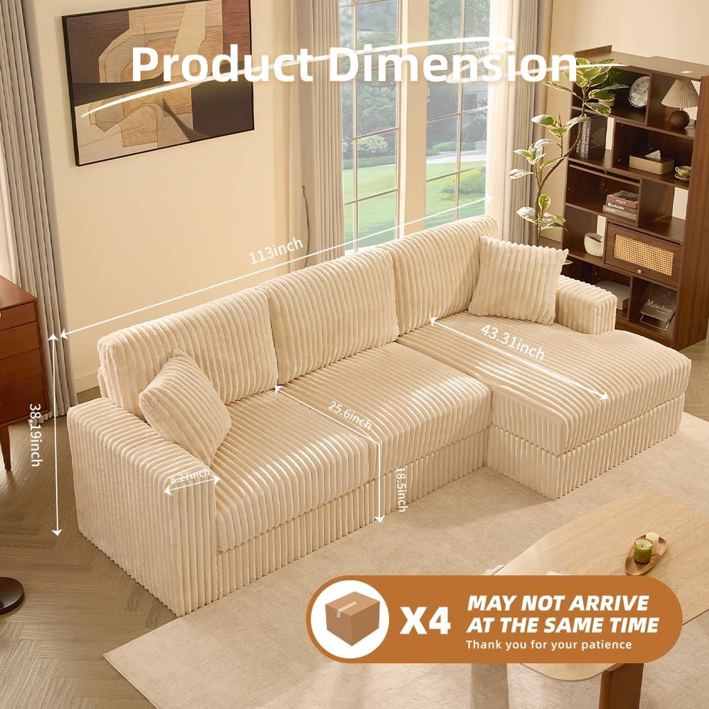 GOSUHI 113" L-Shaped Cloud Couch, Modular Sectional, Deep Seats, White | Pocket Spring Cushions, Oversized 3-Seater, Right Facing Chaise, Corduroy Upholstery Couches for Living Room