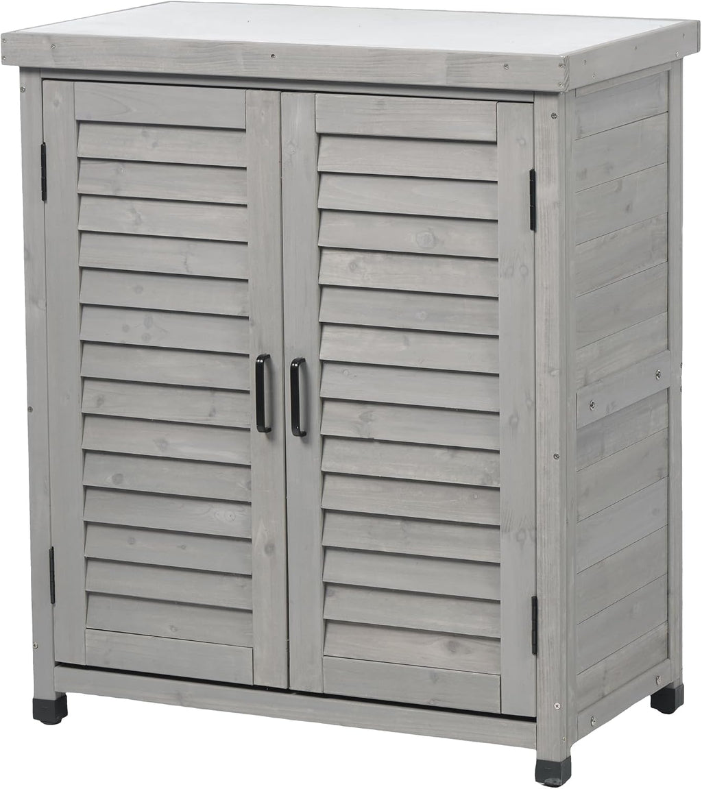 32" Solid Wood Storage Cabinet, Sideboard Cabinets with Metal Table Top, Living Room Organizer with Louvered Ventilation for Outdoor Patios, Grey