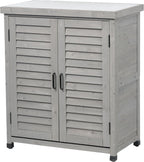 32" Solid Wood Storage Cabinet, Sideboard Cabinets with Metal Table Top, Living Room Organizer with Louvered Ventilation for Outdoor Patios, Grey