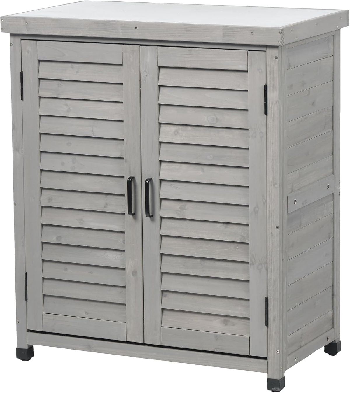32" Solid Wood Storage Cabinet, Sideboard Cabinets with Metal Table Top, Living Room Organizer with Louvered Ventilation for Outdoor Patios, Grey