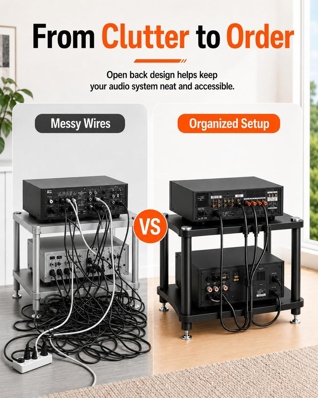 Heavy Duty 2-Tier AV Media Stand, 176 lb Load Capacity, Black | anti-vibration feet that help reduce resonance for clearer sound, open ventilation, cable management, Built for Hi-Fi systems