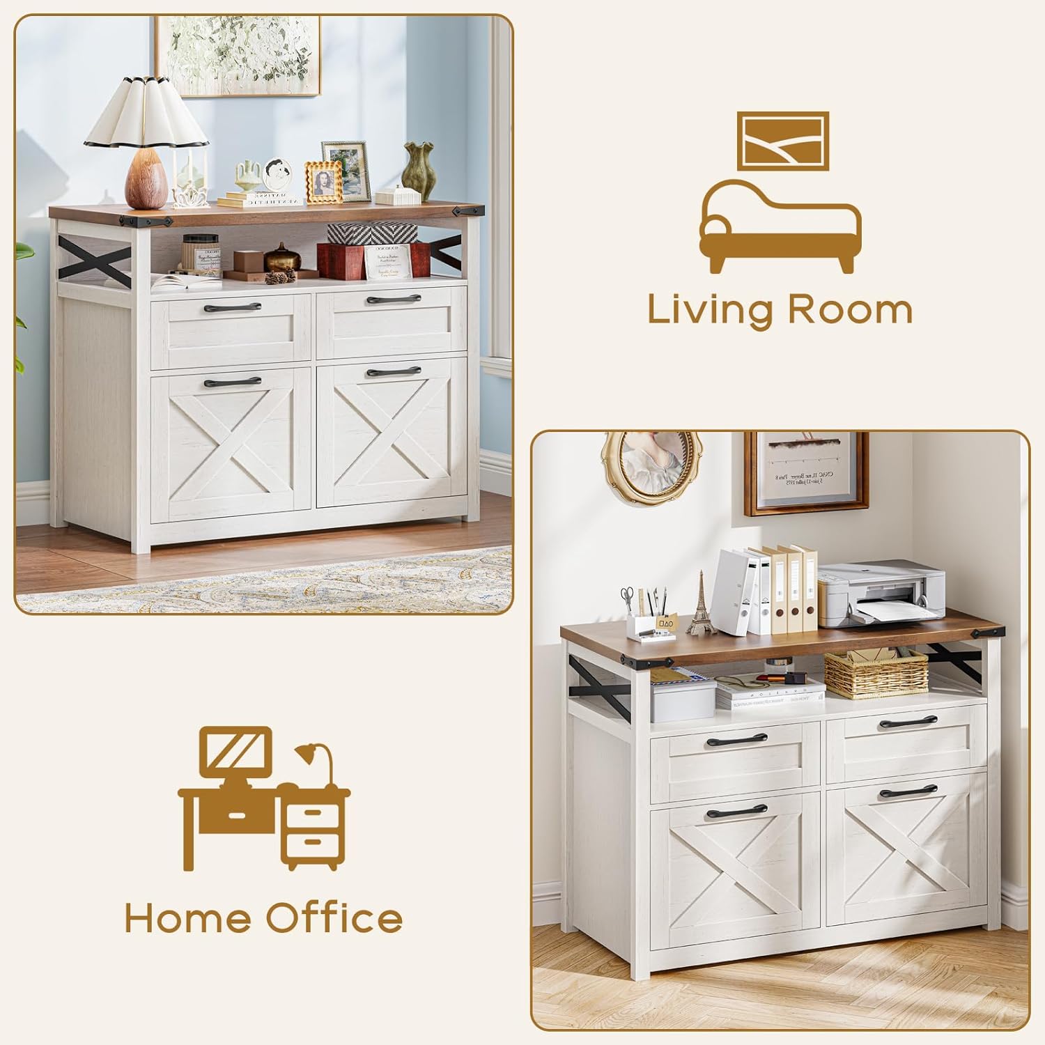 Farmhouse 4 Drawer File Cabinet with Open Storage Shelf, Lateral Filing Cabinet Fits Letter/A4/ Size, Home Office Filing Organizer, Document Storage Printer Stand for Office and Home. Uunique White